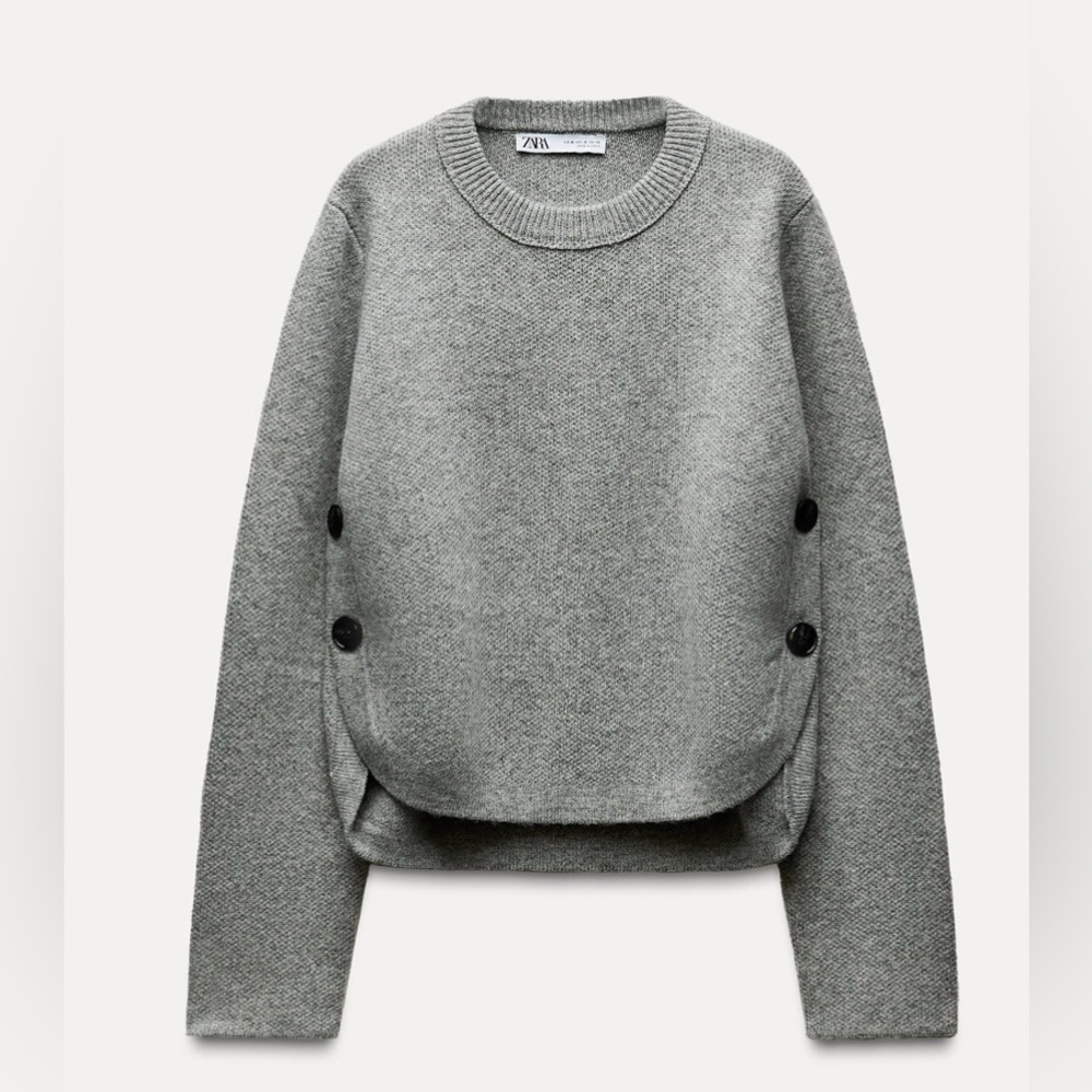 Zara Light Gray Crewneck Sweater with Side Button Accents